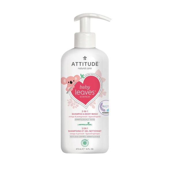 ATTITUDE – Shampoo & gel de baño natural Baby Leaves- Orange Pomegranate (473ml)