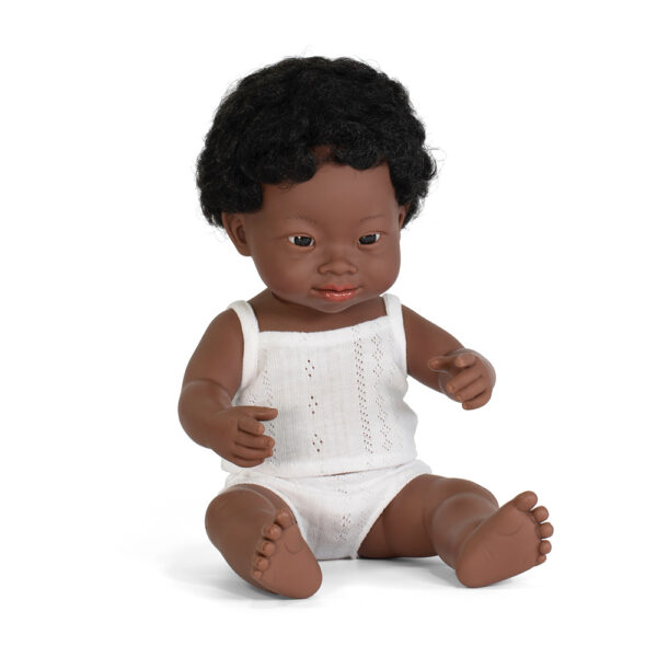 MINILAND DOLLS – Muñeco bebé africano con Síndrome de Down (38cm)